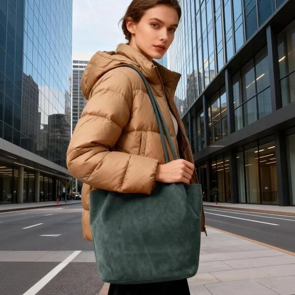 Large Suede Bucket Tote Bag for Women, 2025 Fall Slouchy Vegan Leather Shoulder